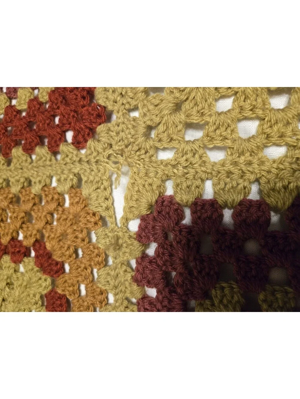 Vtg Handmade Crochet Granny Square Afghan Blanket Mustard Orange Burgundy  Read